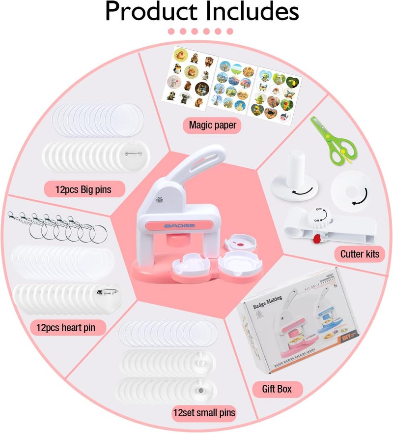 Lymoc Badge Maker Machine with 3 Pins Sharp,Upgrade Button Maker Artist DIY Pin Maker Press Machine Badge Punch Kit with 86 pcs Button Parts Circle Cutter Present Installation-Free,Pink - Image 2